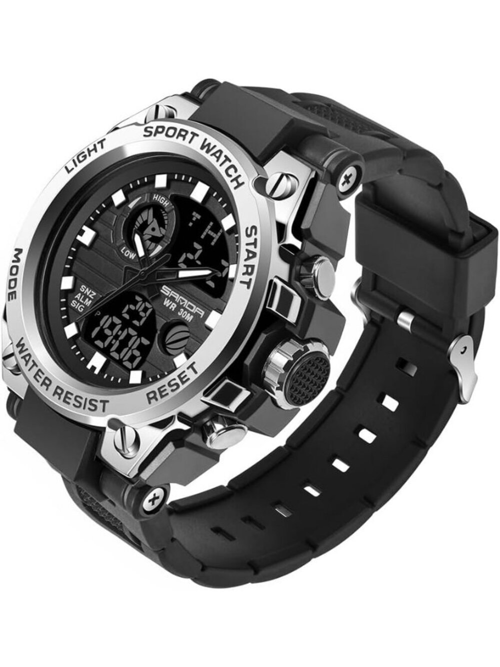 Men's Silver Analog Quartz Sports Waterproof Military Tactical LED Digital Watch